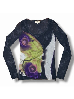 FUZZI Jean Paul Gaultier Y2K Black Mesh Long Sleeve Butterfly Top Large Raw Edge